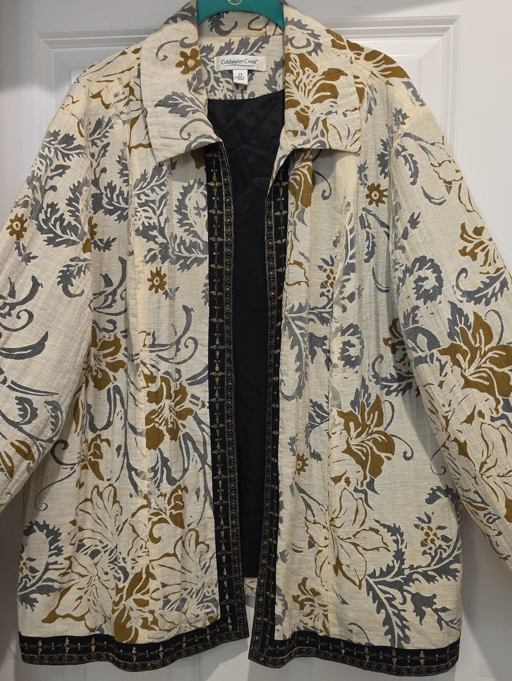 Coldwater Creek Cream Floral Jacket with With Contrasting Embroidered Trim 2x